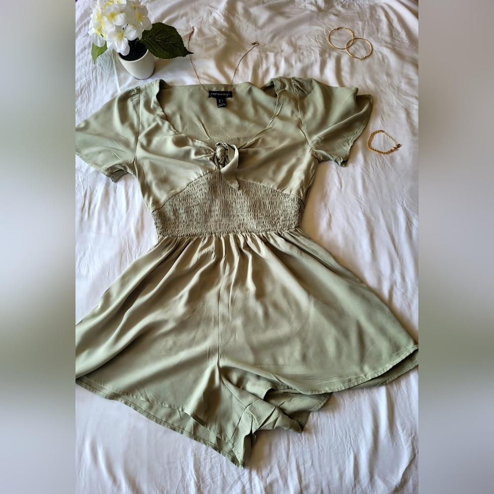 Woman's Rayon Short-Sleeve Green Romper, Streetwear Society